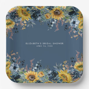 Rustic Dusty Blue Sunflowers Bridal Shower Paper Plates