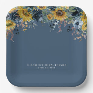 Rustic Dusty Blue Sunflowers Bridal Shower Paper Plates