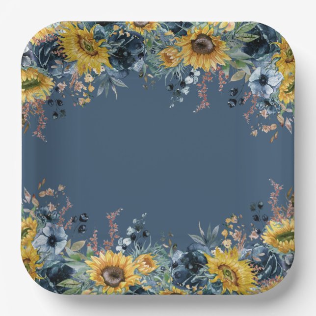Rustic Dusty Blue Sunflowers Bridal Shower Paper Plates (Front)