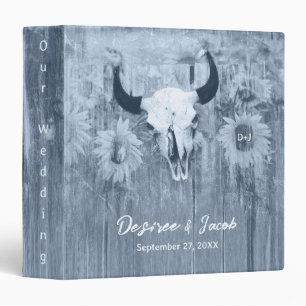 Rustic Dusty Blue Sunflowers Bull Skull 3 Ring Binder