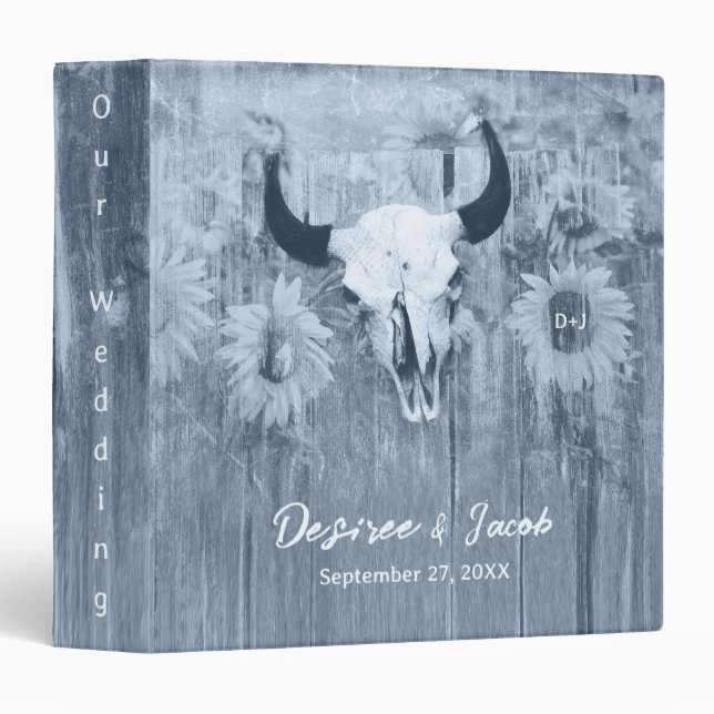 Rustic Dusty Blue Sunflowers Bull Skull 3 Ring Binder (Front/Spine)