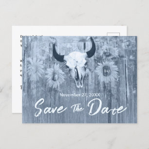 Rustic Dusty Blue Sunflowers Bull Skull Announcement Postcard