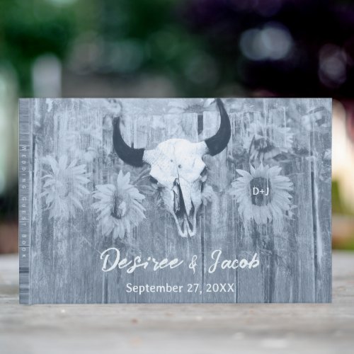 Rustic Dusty Blue Sunflowers Bull Skull Guest Book