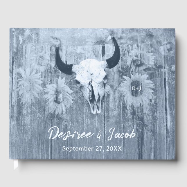 Rustic Dusty Blue Sunflowers Bull Skull Guest Book (Front)