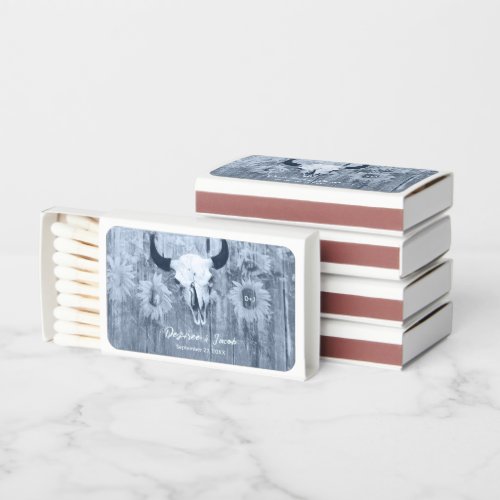 Rustic Dusty Blue Sunflowers Bull Skull Matchboxes