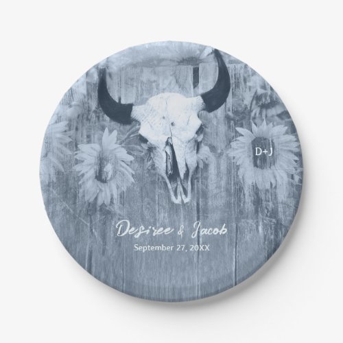 Rustic Dusty Blue Sunflowers Bull Skull Paper Plates