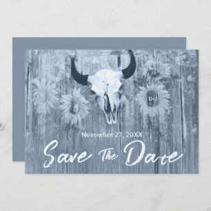 Rustic Dusty Blue Sunflowers Bull Skull Save The Date