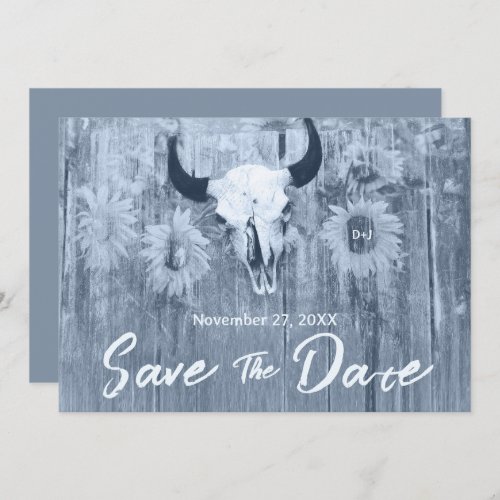 Rustic Dusty Blue Sunflowers Bull Skull Save The Date