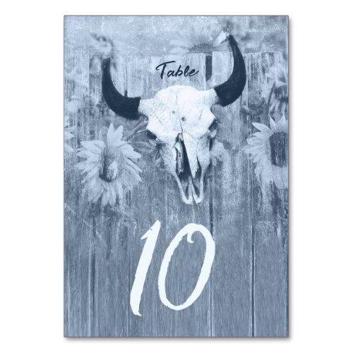 Rustic Dusty Blue Sunflowers Bull Skull Table Number