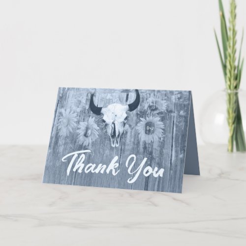 Rustic Dusty Blue Sunflowers Bull Skull Thank You Card