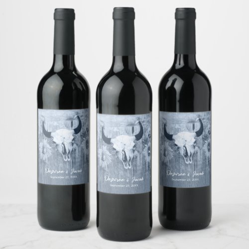 Rustic Dusty Blue Sunflowers Bull Skull Wine Label