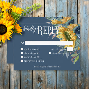 Rustic Dusty Blue Sunflowers Wedding Dinner RSVP Card