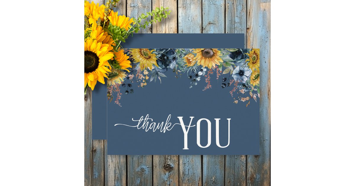 Rustic Dusty Blue Sunflowers Wedding Thank You Card | Zazzle