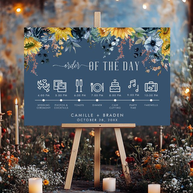 Rustic Dusty Blue Sunflowers Wedding Timeline Foam Board (Creator Uploaded)