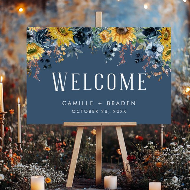 Rustic Dusty Blue Sunflowers Wedding Welcome Foam Board (Creator Uploaded)