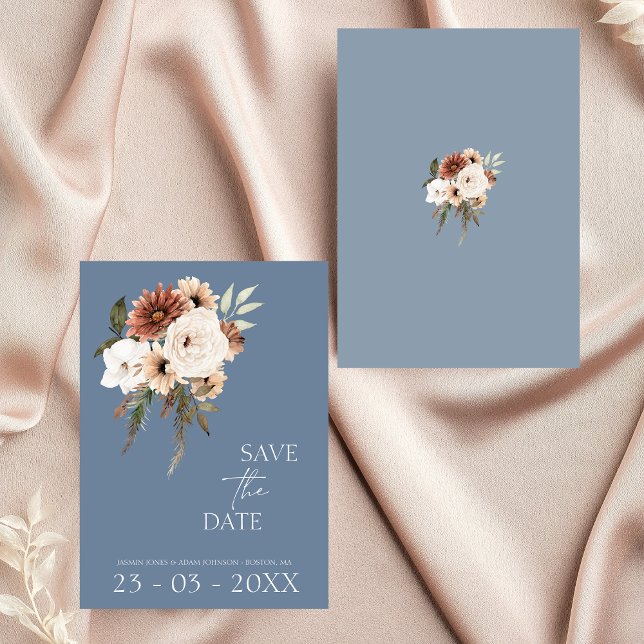Rustic Dusty Blue Terracotta Floral Save The Date (Elegant Dusty Blue Floral Wedding Save the Date)