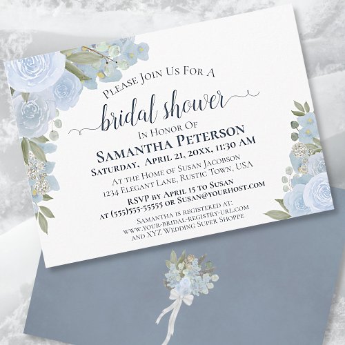 Rustic Dusty Blue Watercolor Floral Bridal Shower Invitation
