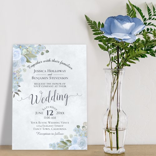 Rustic Dusty Blue Watercolor Floral Chic Wedding Invitation