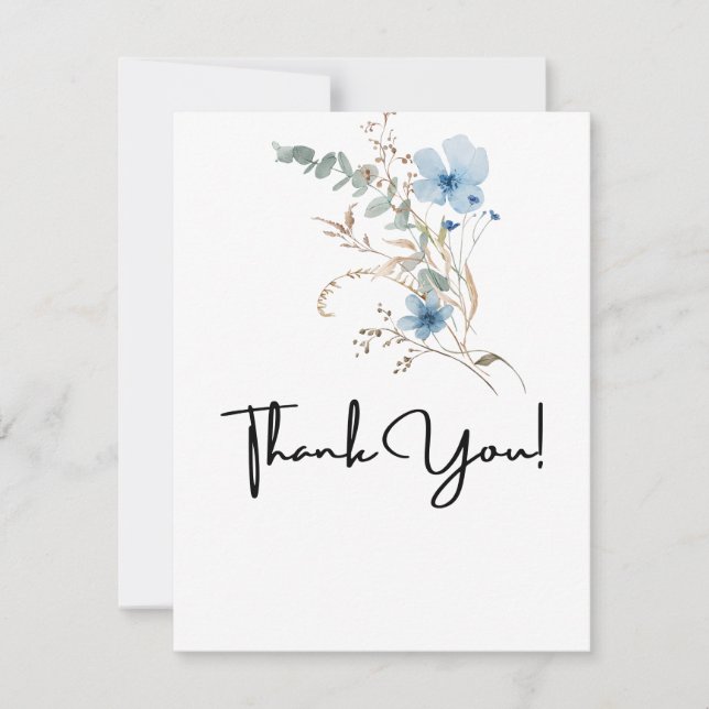 rustic dusty Blue watercolor flower bouquet Thank You Card (Front)