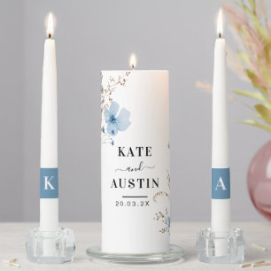 rustic dusty Blue watercolor flower bouquet Unity Candle Set