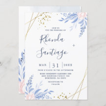 Rustic Dusty Blue Watercolor Leaves Gold Wedding