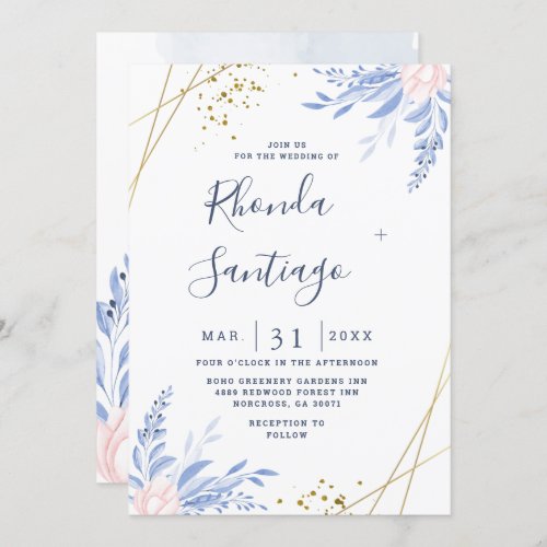 Rustic Dusty Blue Watercolor Leaves Gold Wedding Invitation