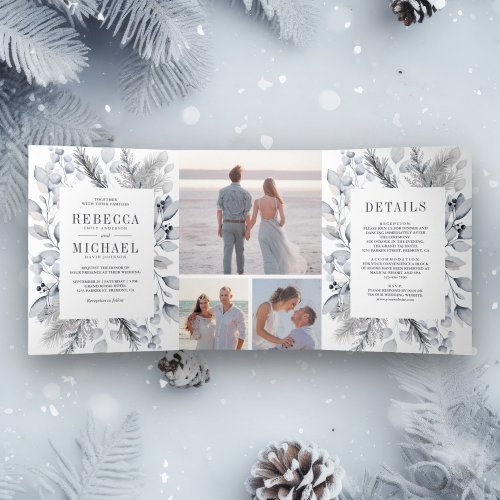 Rustic Dusty Blue Watercolor Leaves Winter Wedding Tri_Fold Invitation