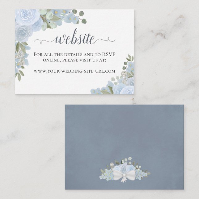 Rustic Dusty Blue Watercolor Roses Wedding Website Enclosure Card (Front/Back)