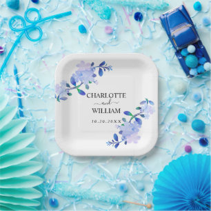 rustic dusty blue watercolor-style flower & leaves paper plates