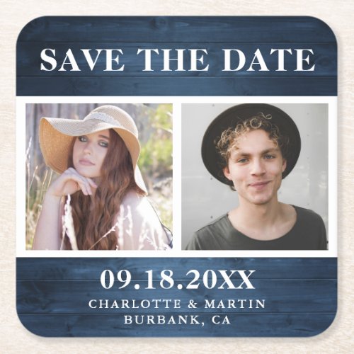 Rustic Dusty Blue Wedding 2 Photo Save The Date Square Paper Coaster