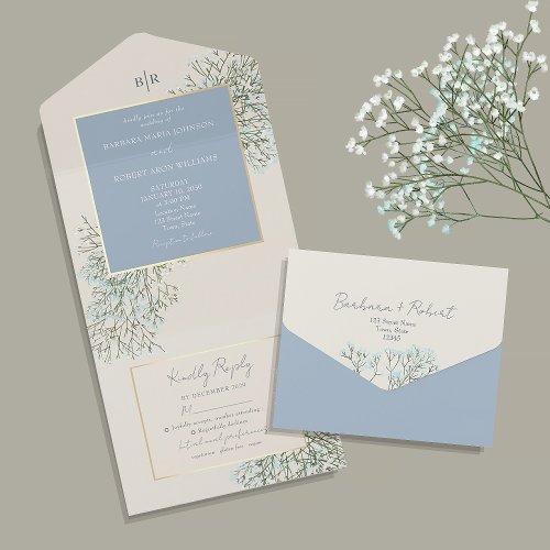 Rustic Dusty Blue Wedding All In One Invitation