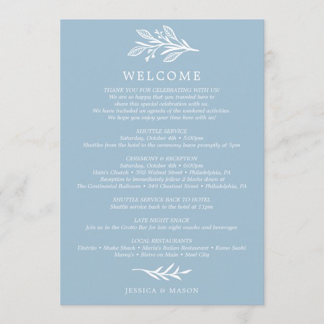 Rustic Dusty Blue Wedding Itinerary - Welcome Program (Front)