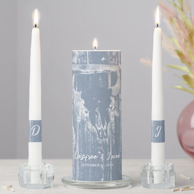 Rustic Dusty Blue Western Bull Skull Distressed Unity Candle Set (In Situ)