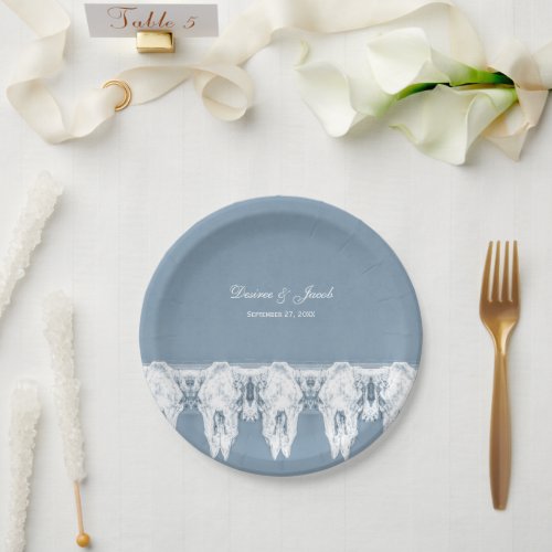 Rustic Dusty Blue White Cow Skulls Pattern Wedding Paper Plates