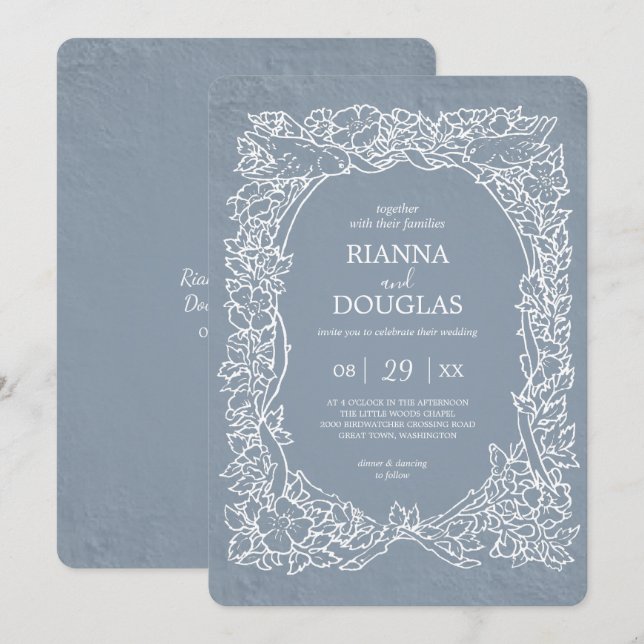 Rustic Dusty Blue & White Floral Bird Wedding  Invitation (Front/Back)