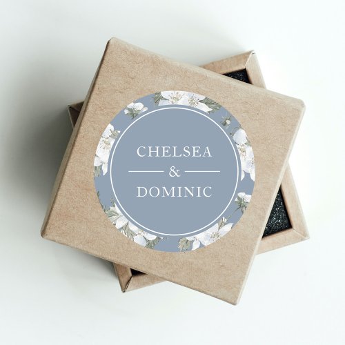 Rustic Dusty Blue White Floral Wedding  Classic Round Sticker
