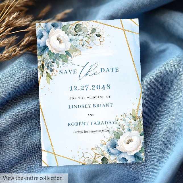 Rustic Dusty Blue White Gold Peonies Save The Date Invitation (Rustic Dusty Blue White Gold Peonies Save The Date)
