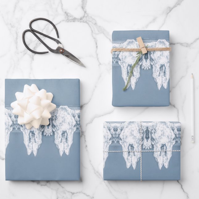 Rustic Dusty Blue White Western Bull Skull Pattern Wrapping Paper Sheets (Front)