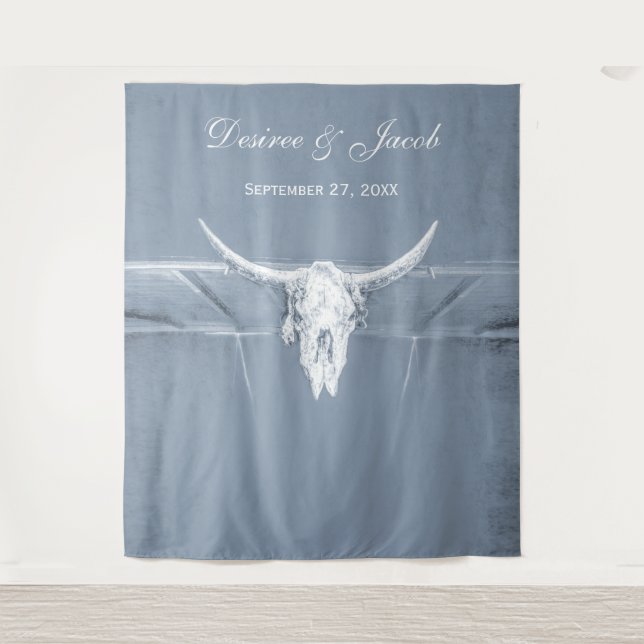 Rustic Dusty Blue White Western Cow Skull Backdrop (Front)