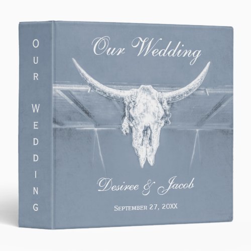 Rustic Dusty Blue White Western Cow Skull Wedding 3 Ring Binder