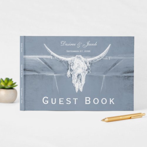 Rustic Dusty Blue White Western Cow Skull Wedding Guest Book