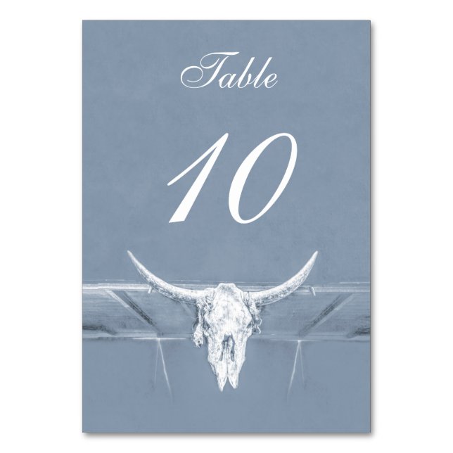 Rustic Dusty Blue White Western Cow Skull Wedding Table Number (Front)