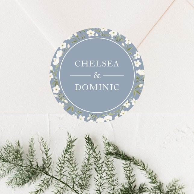Rustic Dusty Blue White Wildflowers Wedding Favor Classic Round Sticker (Creator Uploaded)
