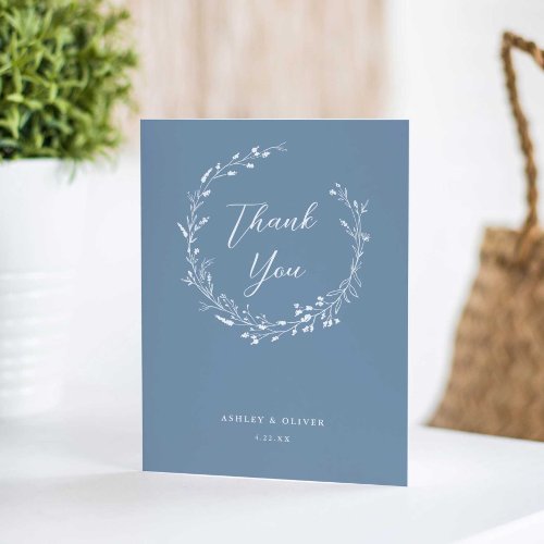 Rustic Dusty Blue Wildflower  Photo Wedding Thank You Card