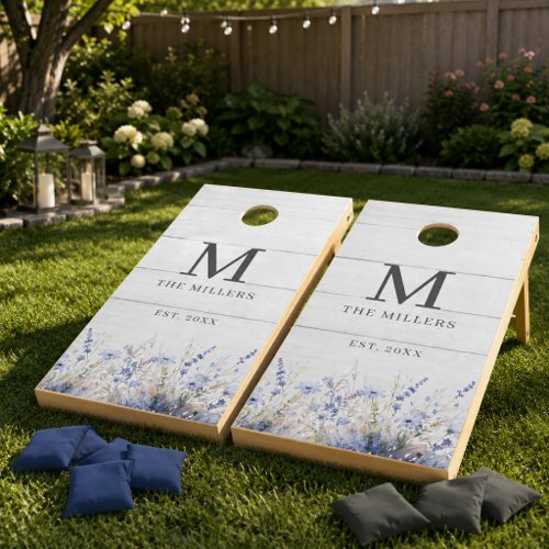 Rustic Dusty Blue Wildflower Wood Family Monogram Cornhole Set