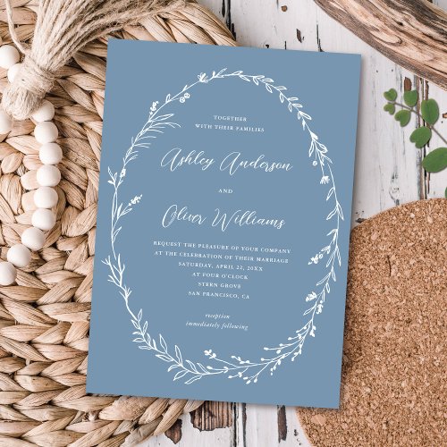 Rustic Dusty Blue Wildflower Wreath Wedding Invitation