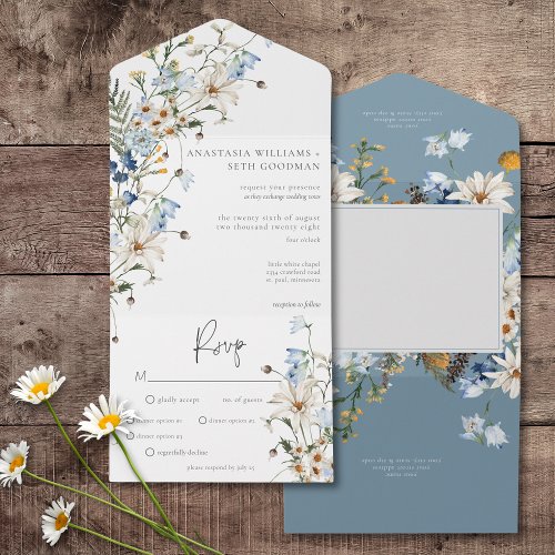 Rustic Dusty Blue Wildflowers  Daisies Dinner All In One Invitation