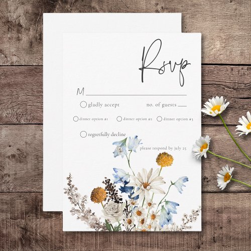 Rustic Dusty Blue Wildflowers  Daisies Dinner RSVP Card