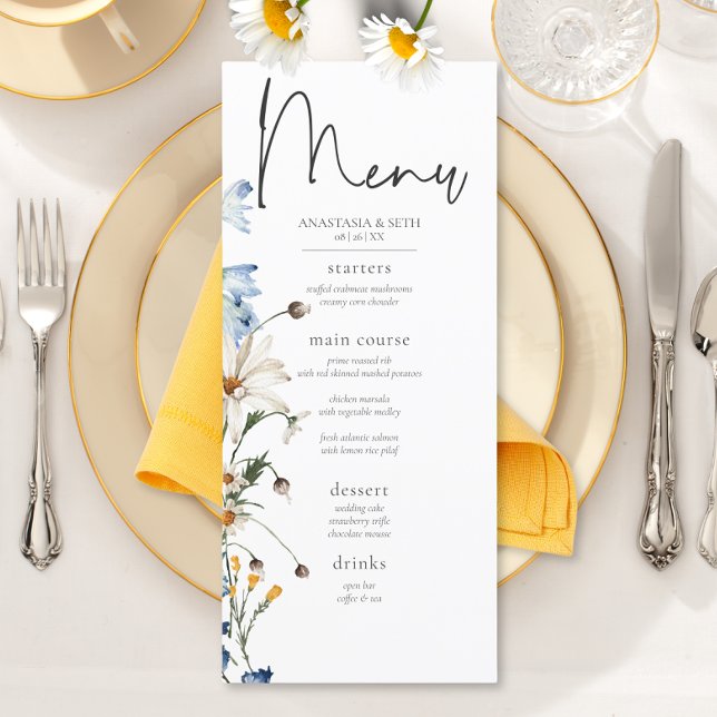 Rustic Dusty Blue Wildflowers & Daisies Long Menu (Rustic Dusty Blue Wildflowers & Daisies Long Wedding Menu)