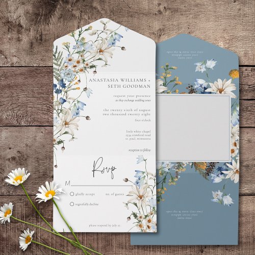 Rustic Dusty Blue Wildflowers  Daisies No Dinner All In One Invitation